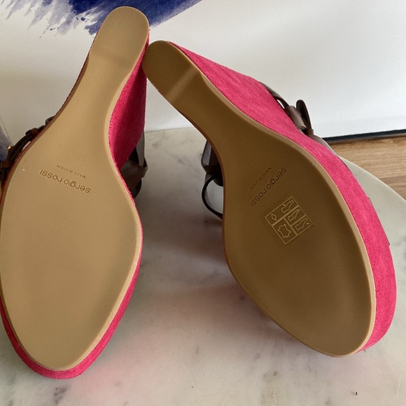 NEW SERGIO ROSSI Brown Leather & Berry Suede Platform Wedge Sandals Size 38 1/2 - Picture 7 of 17